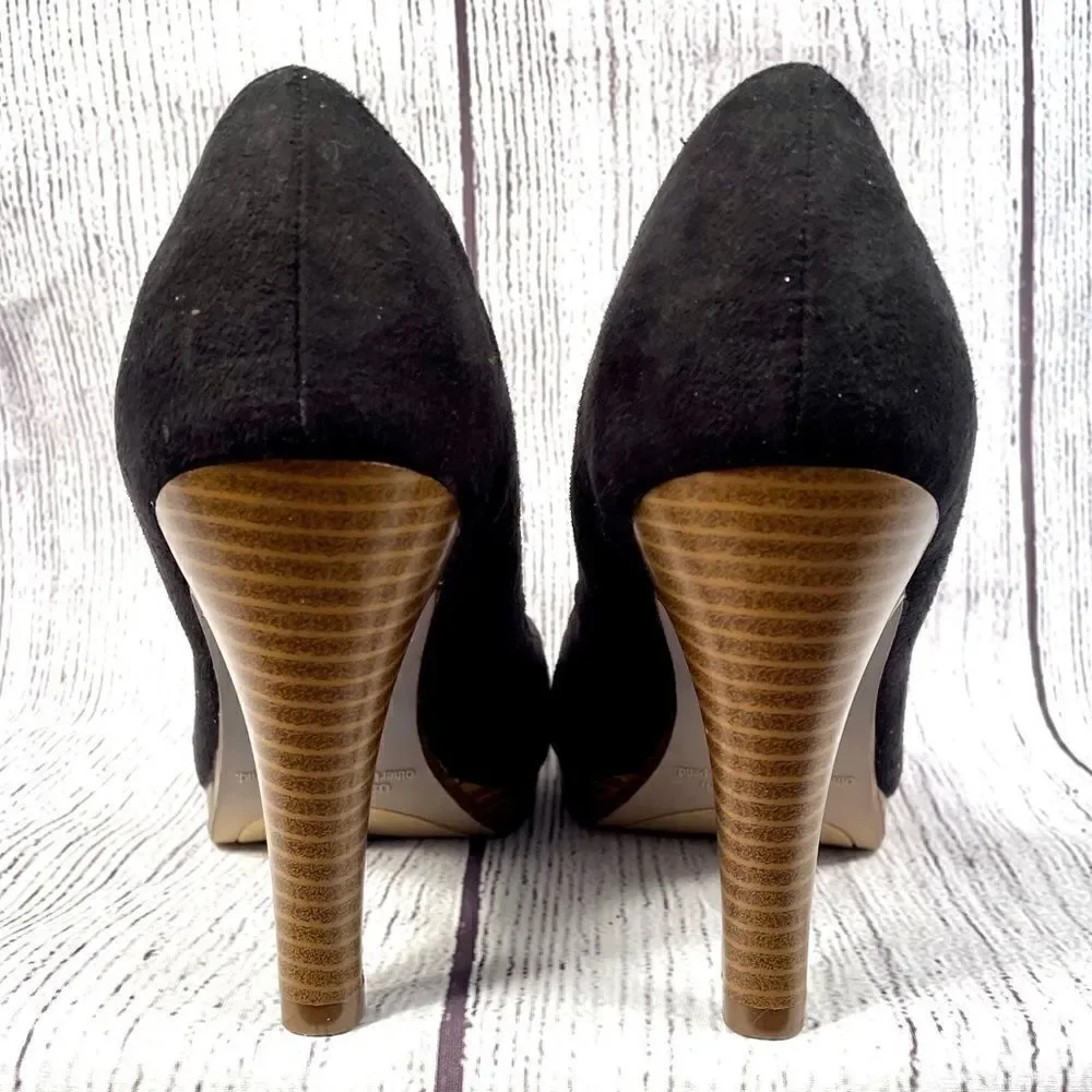 BLACK SUEDE FIONI PUMP SIZE 6.5 w 4” STACKED HEEL